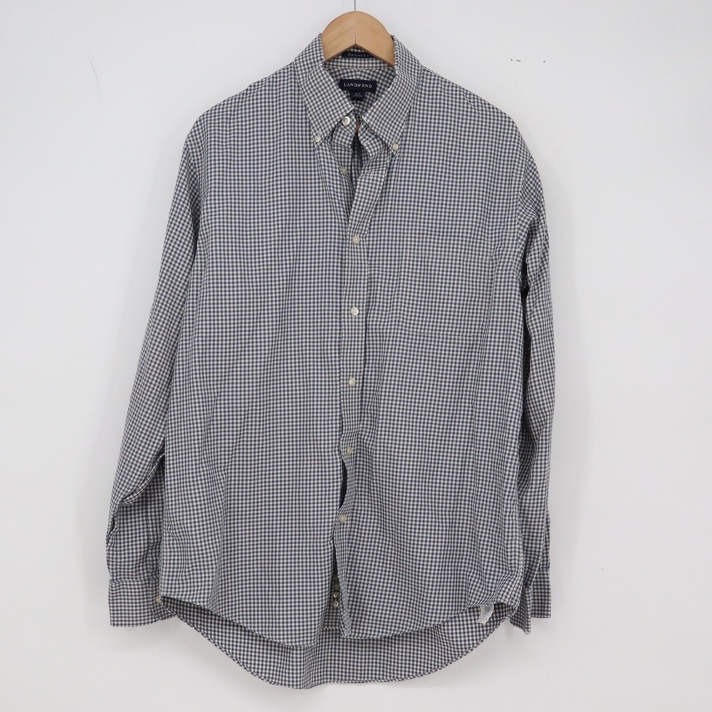 Lands End Shirt Mens 16-35 No Iron Twill Blue Gingham Button-Down Good